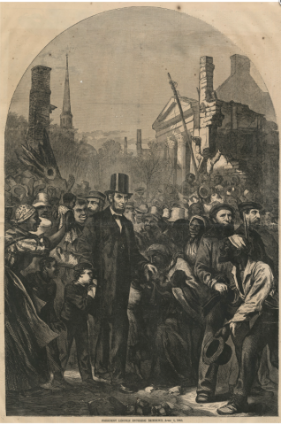 Abraham Lincoln greeted by Black men, women, and children after the surrender of Richmond. He is accompanied by Tad and soldiers. Wood engraving (black ink on aged paper)