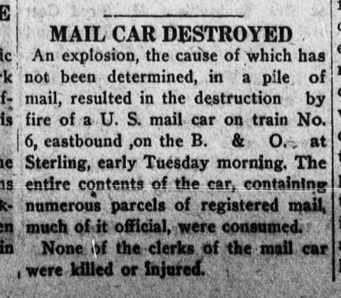 Newspaper article titled Mail Car Destroyed