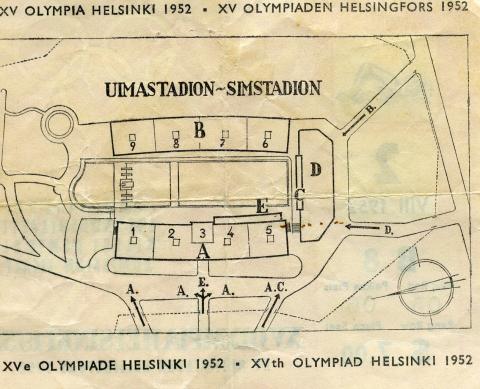 Seating chart for a swim meet in the 1952 Helsinki Olympics, showing a top-down view of the arena.