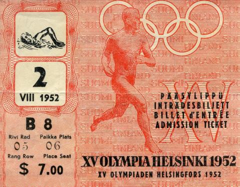 A $7 ticket stub to the 1952 Helsinki Olympics depicting a man swimming in the top-left corner and a man running in the center.
