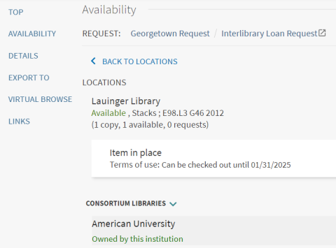 Availability Section displays Georgetown Request, Consortium Libraries, and Interlibrary Loan locations as possible options. This is noted in the instructions.