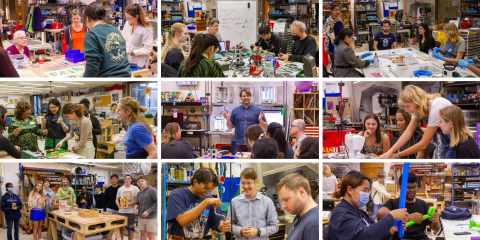 a collage showing images of students making projects during a workshop