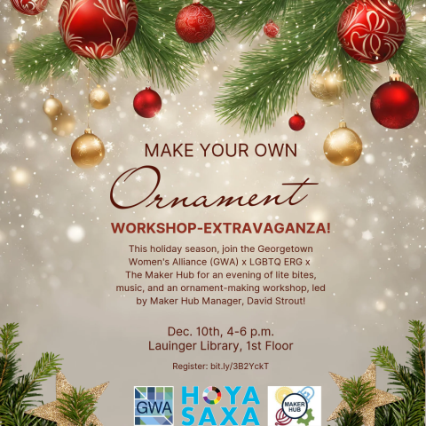 a flyer with evergreens and hanging ornaments advertising an eornament-making workshop