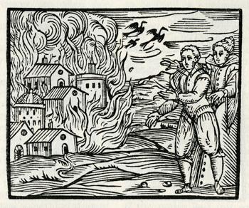 Witches causing a conflagration illustrating Guazzo's Compendium Maleficarum