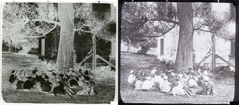 Image from Woodstock College Archives Photograph Collection. Lefthand side shows the negative and righthand side shows the scan negative reverted.