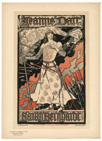 Poster for the play Jeanne d’Arc with the actress' name Sarah Bernhardt at the bottom, depicting Joan of Arc on a battlefield