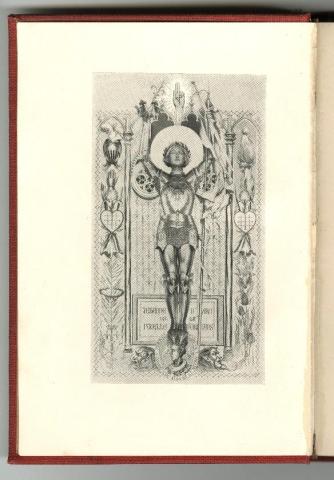 The frontispiece of a book showing an engraving of Joan of Arc, with a large halo and hands raised above her head