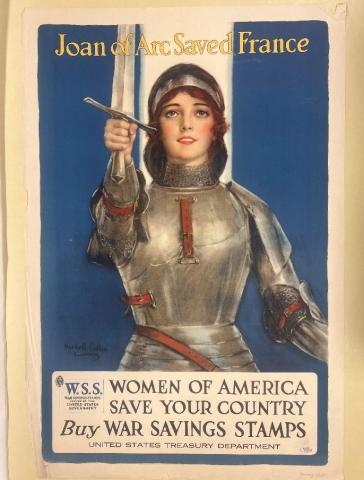 War Savings Stamp poster showing Joan of Arc holding a sword with the text Joan of Arc saved France: Women of America save your country Buy War Savings Stamps