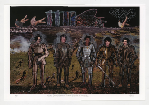 Collage style print showing five feminist icons dressed in armor on a surreal battleground