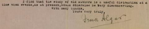 A detail from Frank Algar's letter of 1942 to Summers, lamenting the "disconcerting" times