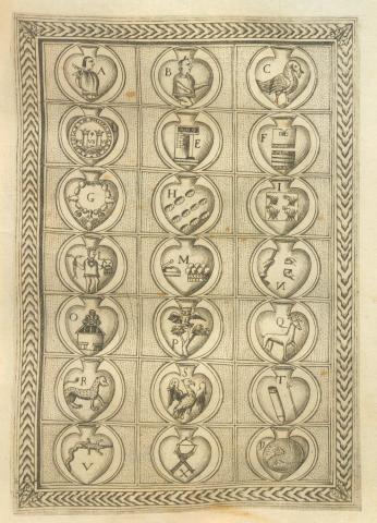 A series of symbolic images in a grid, with letters underneath each image.