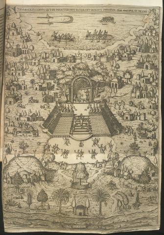 An etching of pre-colonial Tenochitlan, with a temple in the center with a human sacrifice being performed, and various cultural activities like fishing and funeral ceremonies performed throughout the rest of the city.