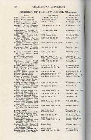 Printed list of students in the Law School with the name Lyndon B. Johnson, local address: Dodge Hotel,  home address: Johnson City, Tex. visible at the bottom of the page