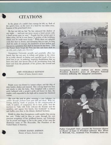Printed text of honorary degree citations for John F. Kennedy and Lyndon B. Johnson. Photographs of the Kennedy grave site and Johnson receiving his honorary degree are included