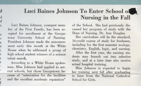 Article on Luci Johnson's enrollment at Georgetown. It states she chose the University because of its excellent academic reputation