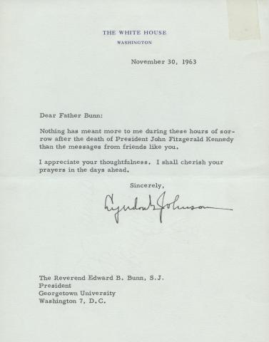 Letter signed by President Johnson on White House letterhead, expressing appreciation for a message of sympathy after the death of President Kennedy
