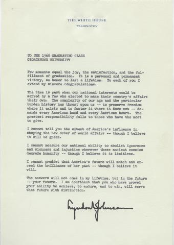 Signed letter on White House letterhead congratulating the Class of 1968