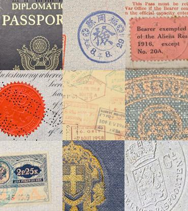 A collage of nine passport covers and stamps from inside passports