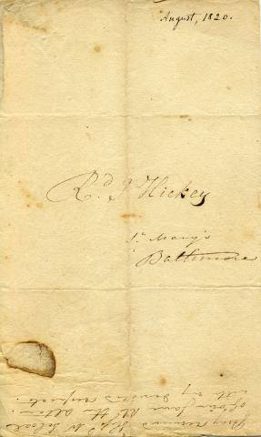 Back of handwritten letter from Elizabeth Ann Seton to Fr. John Hickey