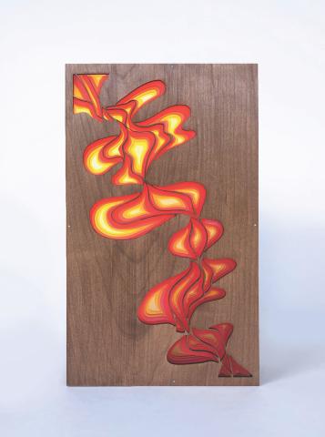 Image of Artwork with layers of light, medium, and dark orange acrylic, and wood grain, illuminated from within