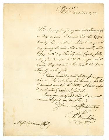 Letterfrom Benjamin Franklin to Catherine (Kitty) Shipley dated October 30, 1785