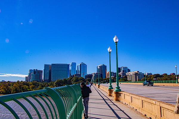The top of the Key Bridge on a sunny day.