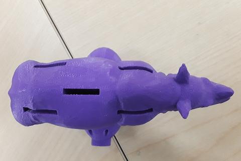 GPI Saver 3D printed purple rhino, top view