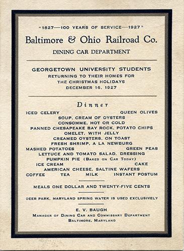 B&O Railroad Dinner Menu, December 16, 1927