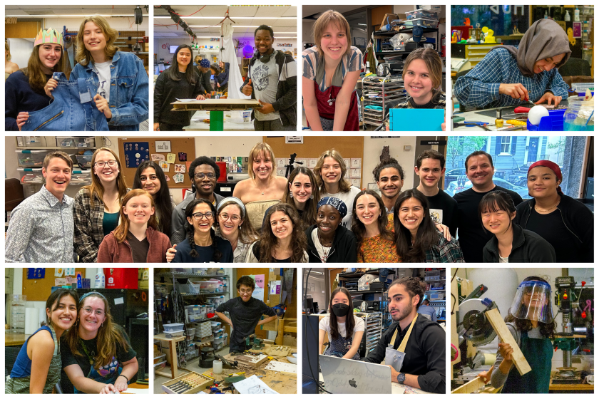 A photo collage showing 9 different pictures of volunteers in the Maker Hub