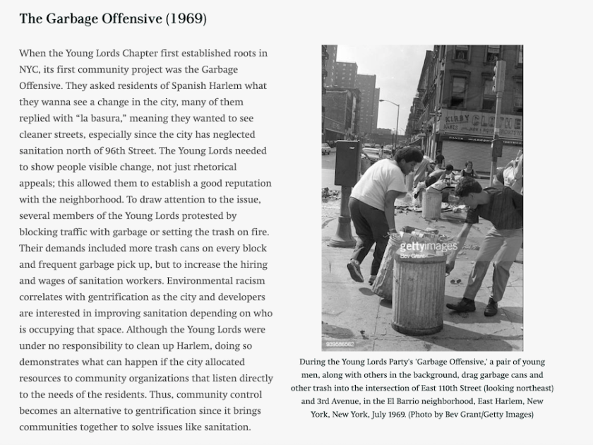 Text explaining the Young Lords "Garbage Offensive," along with an image of Young Lords members moving trash cans into the street in protest of poor sanitation