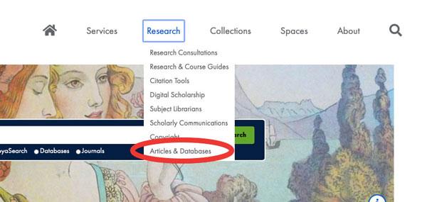 Front page of Library website, with "Articles & Databases" menu option circled