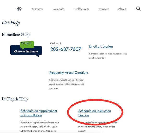 Get Help page of website, with the "Instruction Session" menu entry circled.