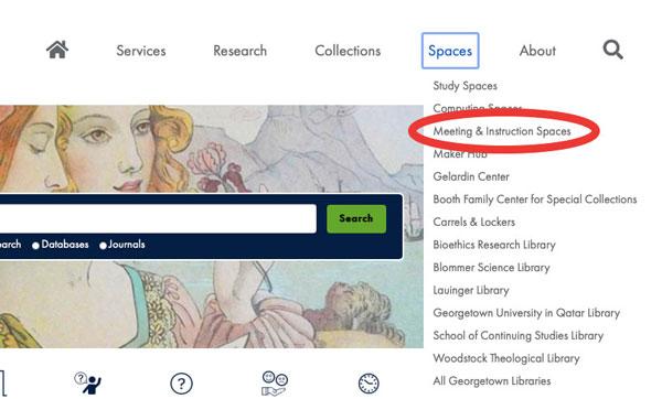 Front page of website, with the "Meeting & Instruction Spaces" menu entry circled