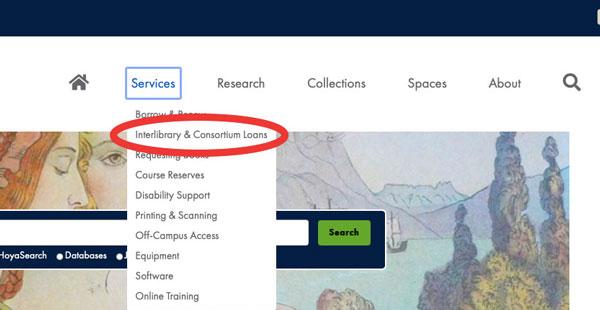Front page of website, with the "Interlibrary & Consortium Loans" menu entry circled.