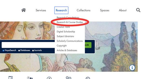Front page of website, with the "Research & Course Guides" menu entry circled.