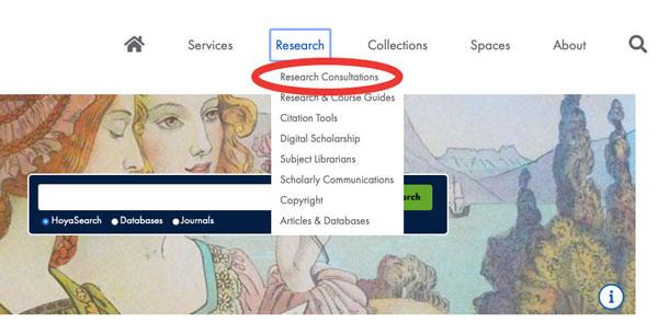 Front page of website, with the "Research Consultations" menu entry circled.