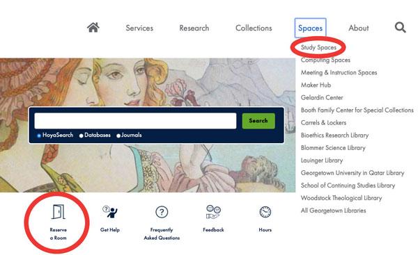 Front page of website, with the "Study Spaces" menu entry and the "Reserve a Room" quick link circled.
