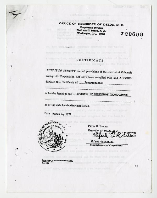Certificate from the Office of Recorder of Deeds of the District of Columbia announcing the incorporation of the Students of Georgetown, Inc. on March 6, 1972
