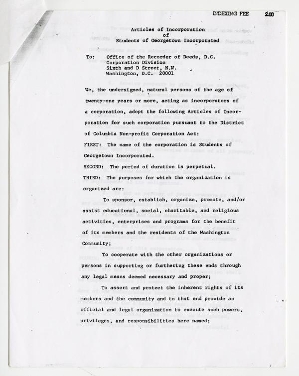 First page from the Articles of Incorporation for the Students of Georgetown, Inc.