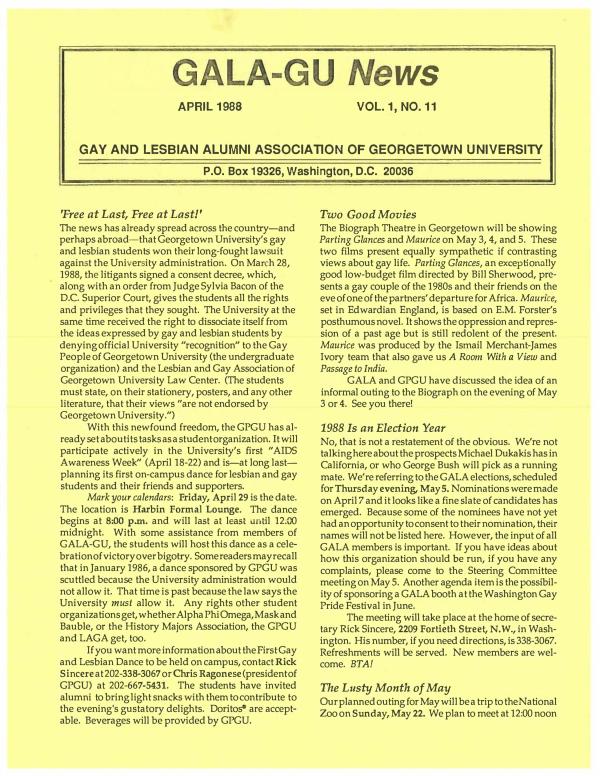 Page one of the "GALA_GU News" issue from April 1988