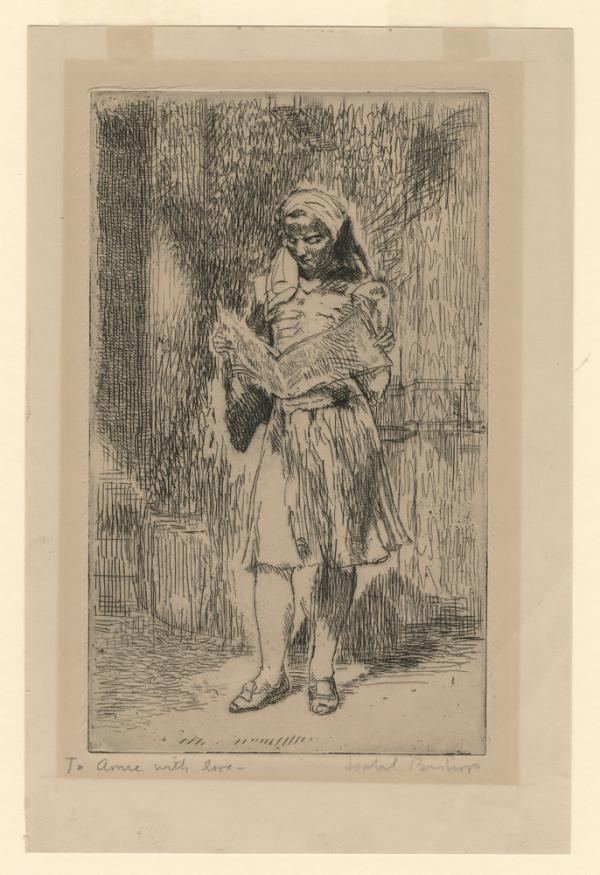 A girl wearing old-fashioned clothing stands and reads a newspaper, her hair pulled back in a scarf.