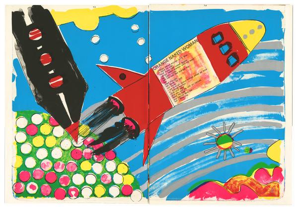 Two rockets are shown traversing a sky and landscape composed of bright colors and simple shapes.