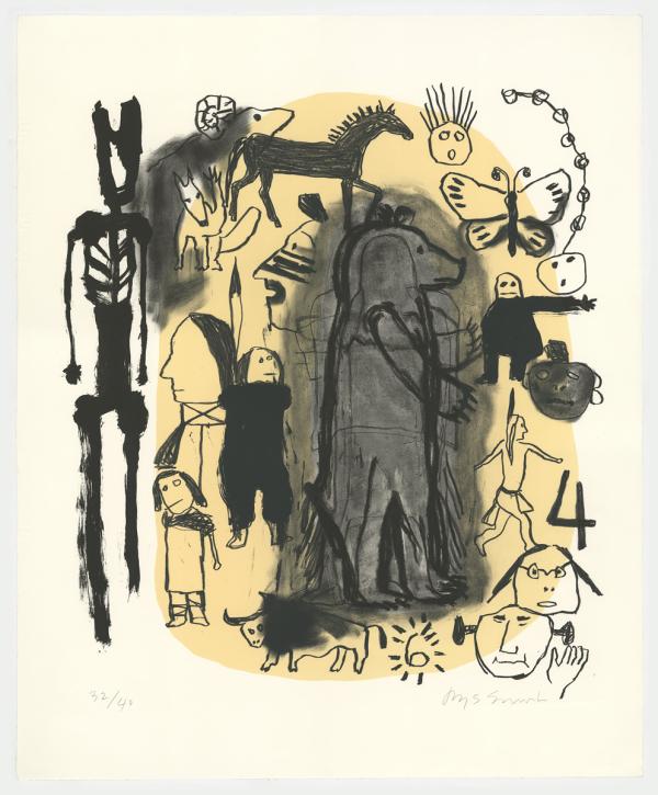 Sketches of figures, animals, and other abstract shapes overlap with grey and yellow background spots.