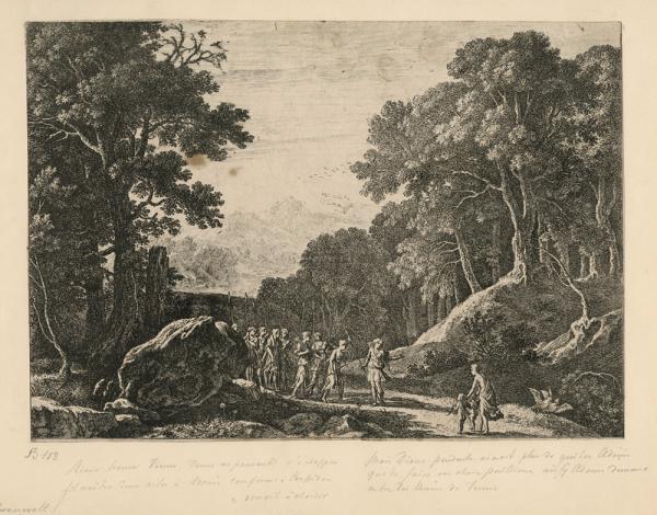 In the middle of a large forest, populated by trees and boulders, a woman holds the hands of two children as she leads them towards a group of female hunters.