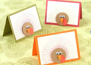 image of cards showing turkey faces with tails created by spirographs