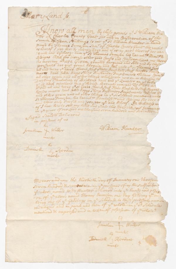 Deed conveying Maryland mission land and enslaved people to Thomas Jameson, who acted as a trustee, 1717 p.1