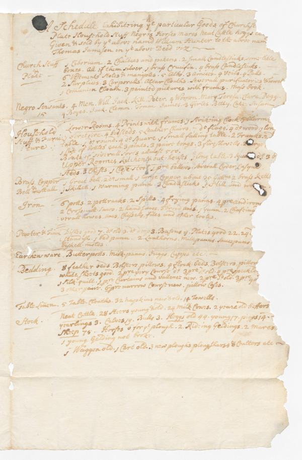 Deed conveying Maryland mission land and enslaved people to Thomas Jameson, who acted as a trustee, 1717 p.2