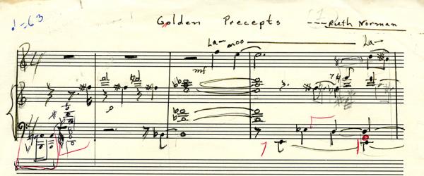 Detail of Ruth Norman music manuscript for "Golden Precepts."