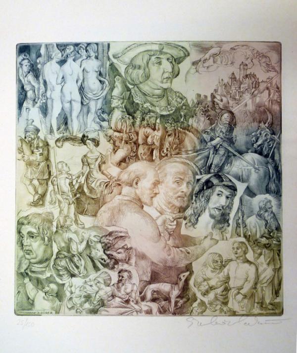 Color etching collage of different parts of various works by Albrecht Durer.