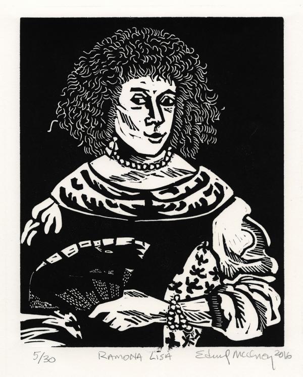 Black and white portrait of a woman sitting and holding a fan with her hair down and her eyes looking forward.